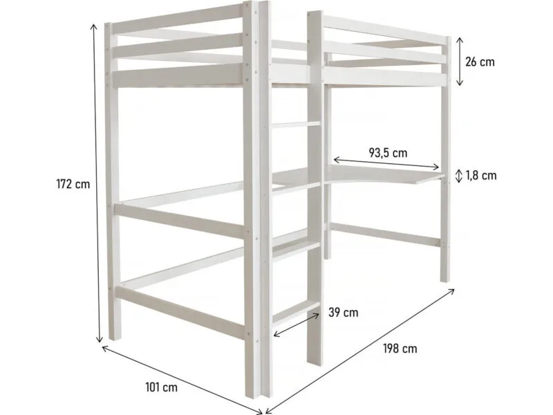 Lit Enfant Mezzanine avec Bureau "Angéla" 90 x 190 cm - Blanc – Image 3